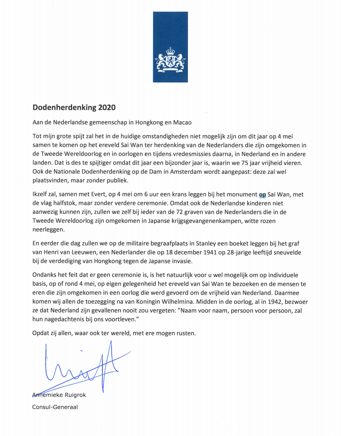 Gezamenlijke herdenking op 4 mei is afgelast